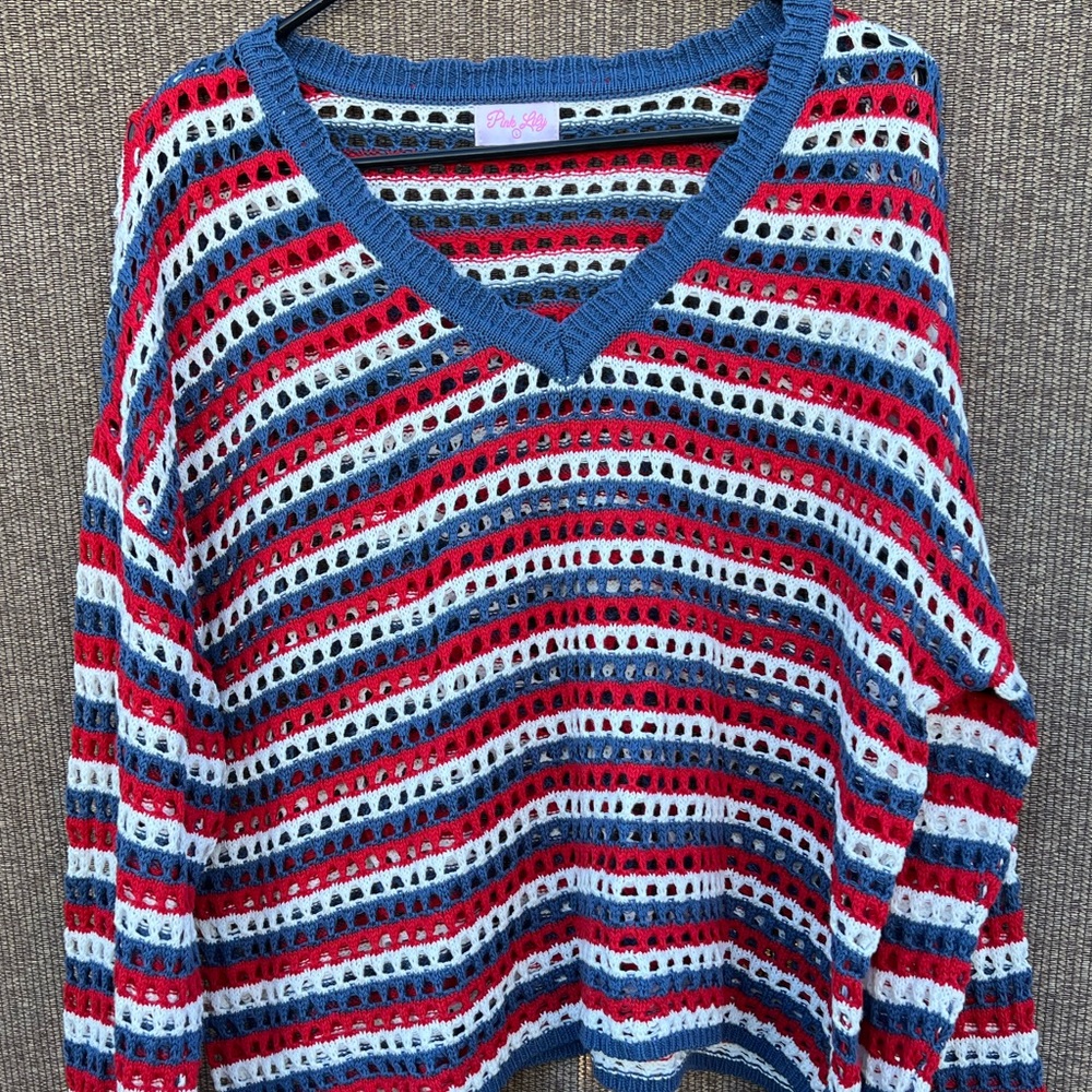 Pink Lily red, white, and blue striped crochet knit sweater top women’s Sz L